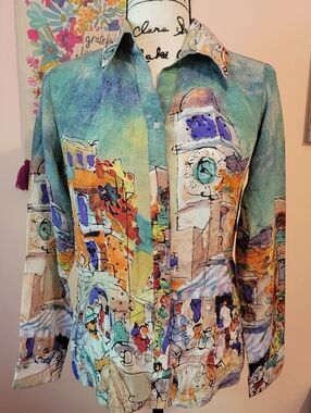 Michael Leu Vintage Wearable Art European City 100% Silk Button Blouse  NWT, S